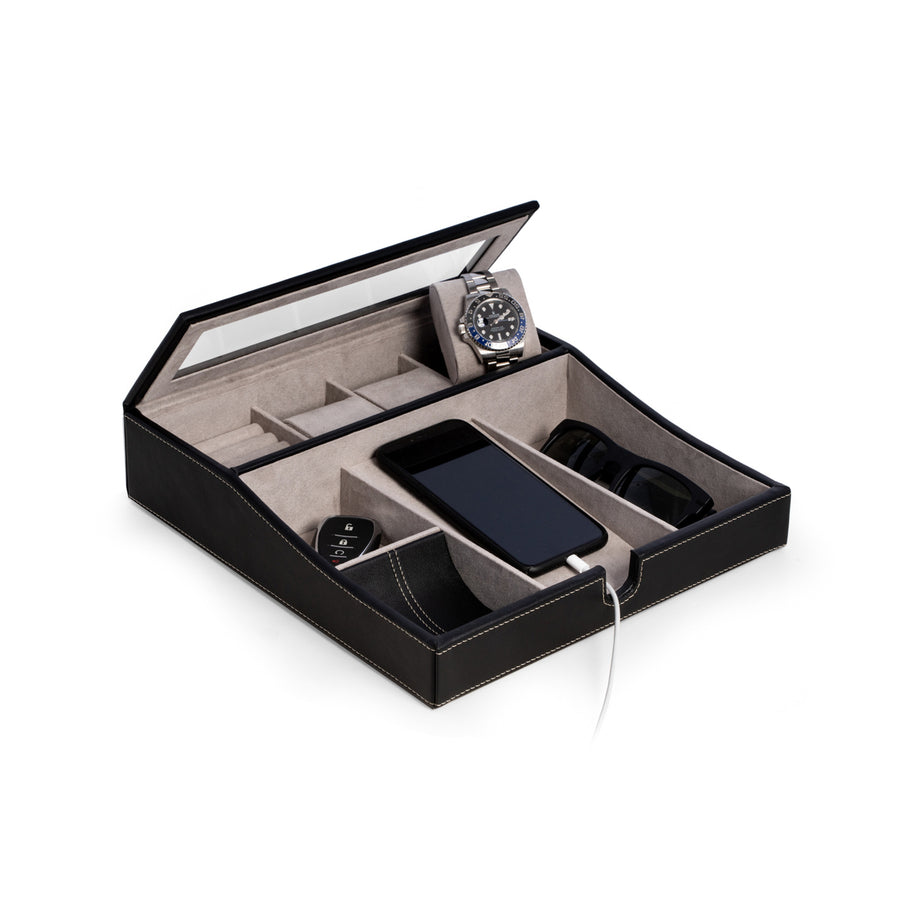 Black Leather Valet Box For Watches Change