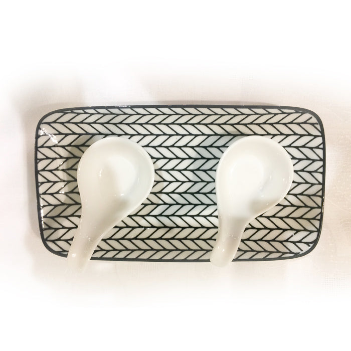 Kiri Porcelain Rectangle Rope Tapas Plate + Appetizers Spoons Set of 2