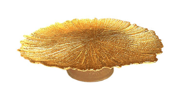 Brilliant Coral Footed Cake Plate Gold 15"