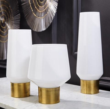 White Cylinder Shape Candle Holder/Vases With Brass Rim