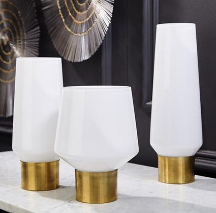 White Cylinder Shape Candle Holder/Vases With Brass Rim
